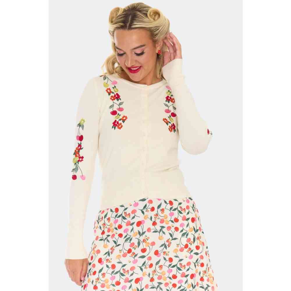 Voodoo Vixen - Floral Cherry Embroidered Strickjacke - Creme